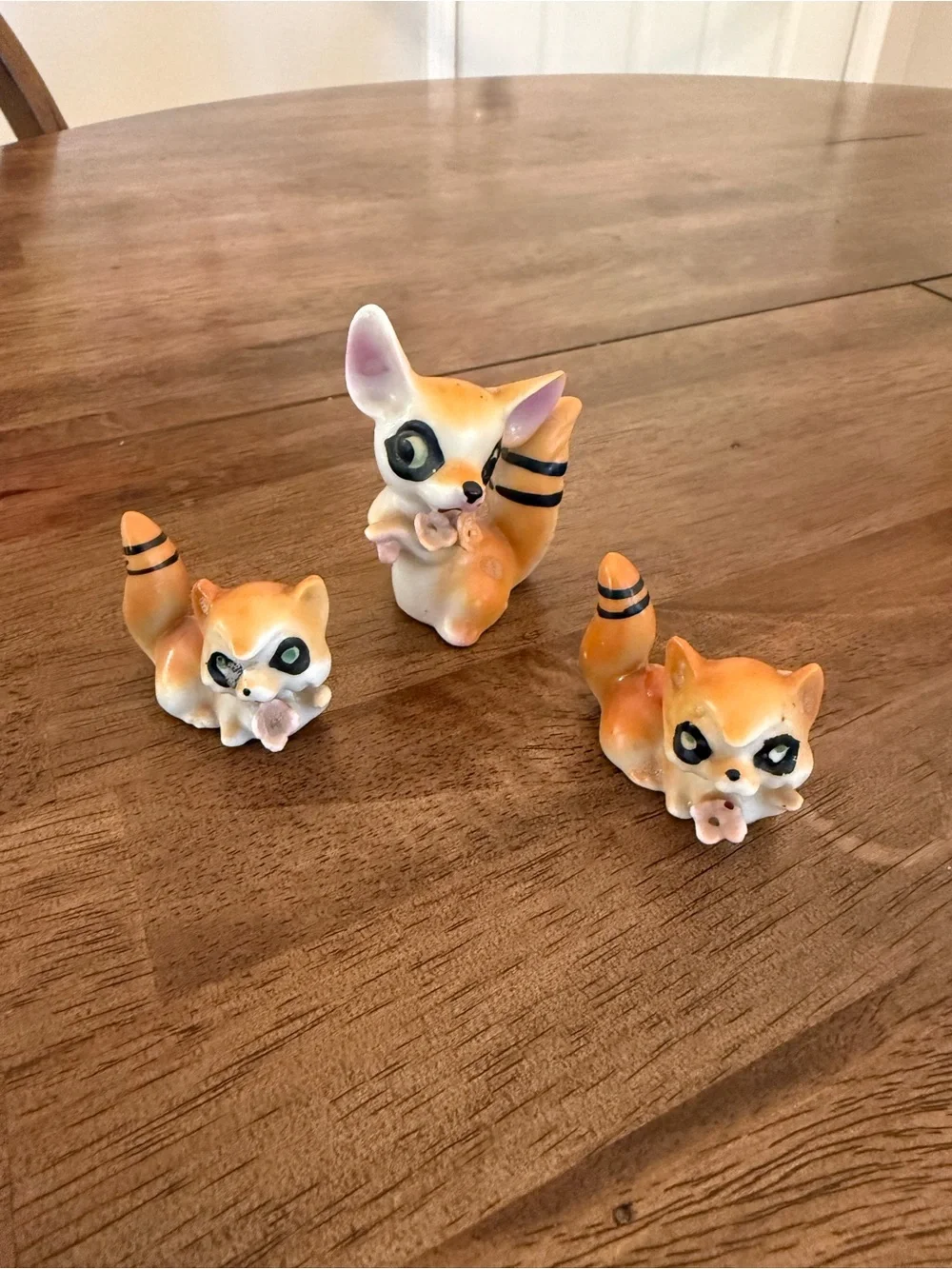 Vintage Japan Raccoon Family Figurines Set of 3 Kitsch Ceramic Big Eye MCM